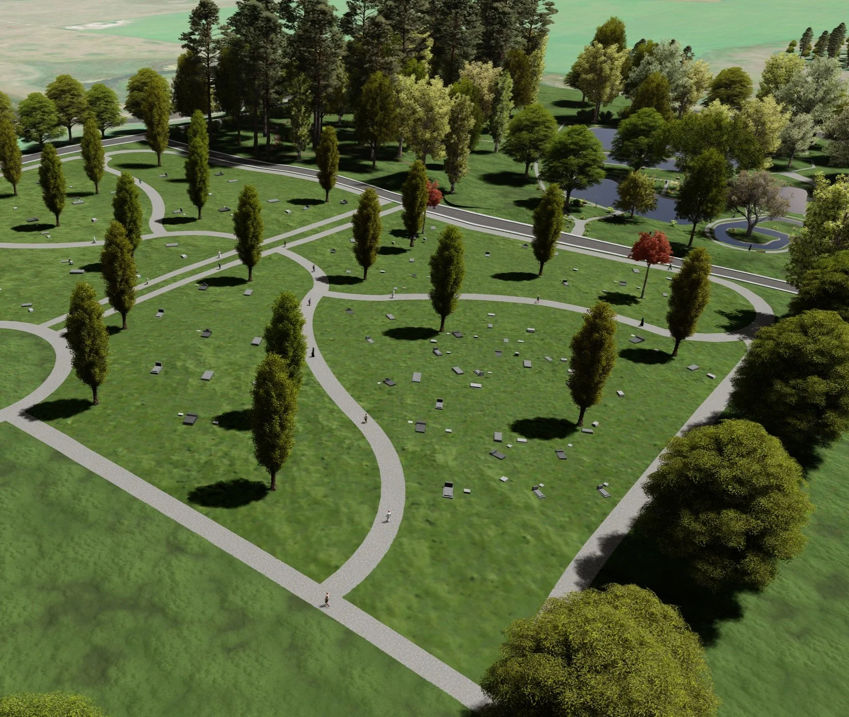 Aerial view of a well-maintained cemetery with organised rows and greenery